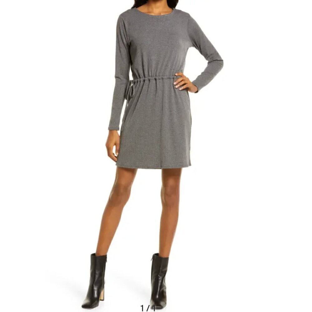 Charles Henry Grey Ribbed Knit Adjustable Waist Long Sleeve Dress | winter, knit